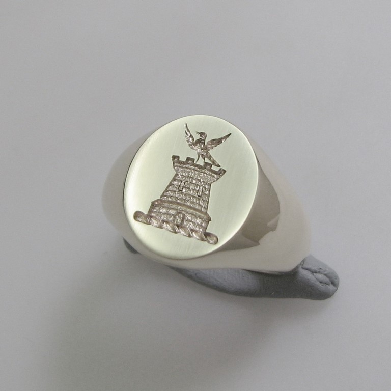 Bird on turret castle engraved signet ring