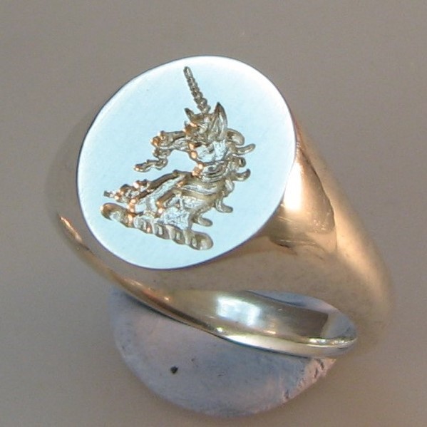 Unicorn crest engraved signet ring