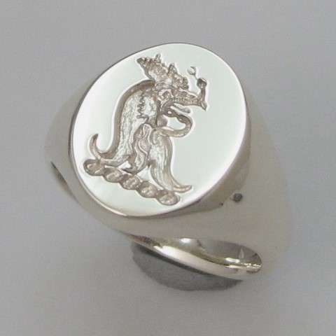 Cockerel and snake crest seal engraved sterling silver 925 signet ring