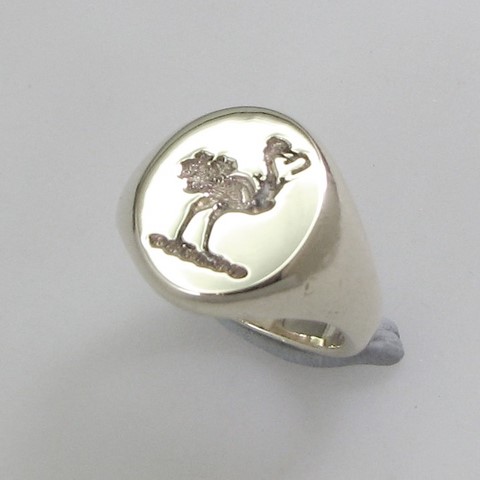 Ostrich with horseshoe crest seal engraved sterling silver 925 signet ring